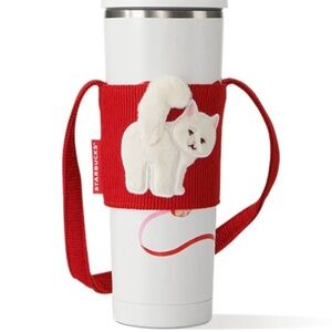 Starbucks White Tumbler with Red and Pink Cat Design